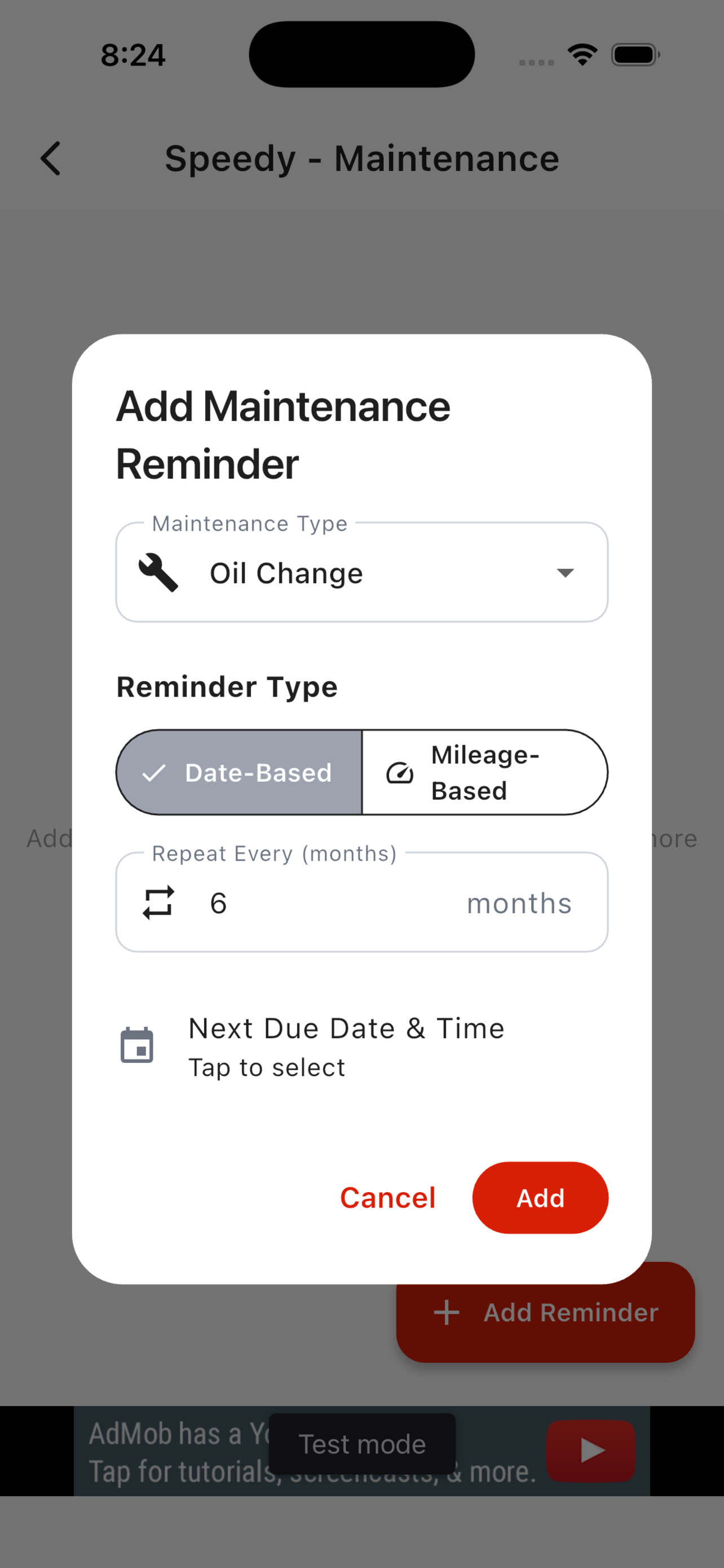 Maintenance reminders with mileage intervals